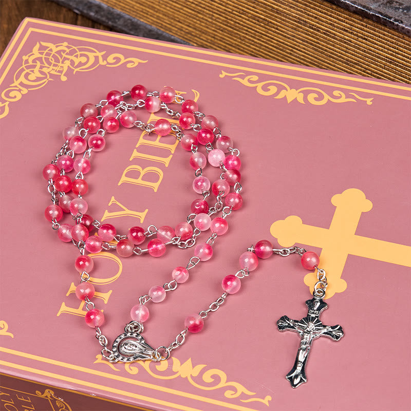 Christianartworkshop Virgin Mary & Crucifix of 8 mm Round Pink Agate Alloy Chain Rosary