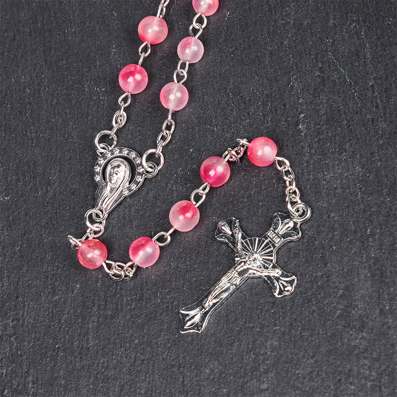 Christianartworkshop Virgin Mary & Crucifix of 8 mm Round Pink Agate Alloy Chain Rosary