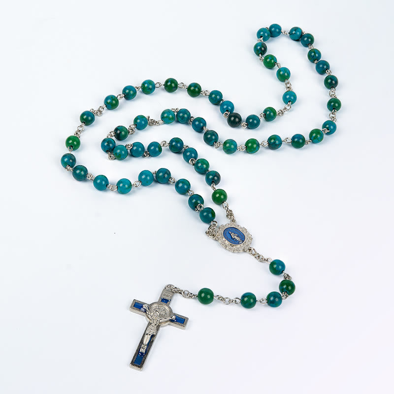 Christianartworkshop Miraculous Medal & Crucifix of 8 mm Round Green Blue Stone Alloy Chain Rosary