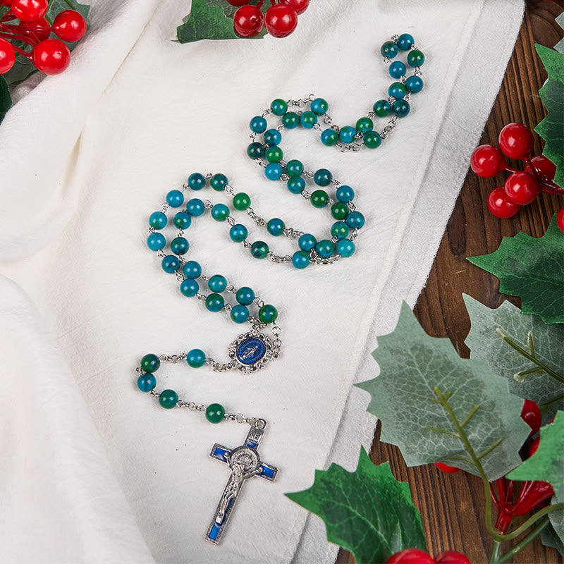 Christianartworkshop Miraculous Medal & Crucifix of 8 mm Round Green Blue Stone Alloy Chain Rosary