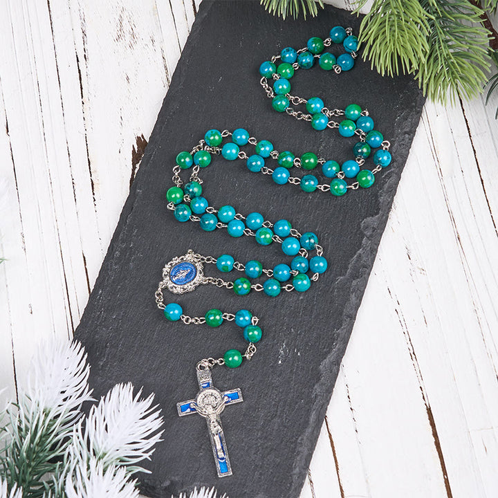 Christianartworkshop Miraculous Medal & Crucifix of 8 mm Round Green Blue Stone Alloy Chain Rosary