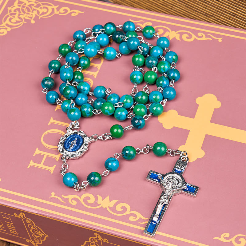 Christianartworkshop Miraculous Medal & Crucifix of 8 mm Round Green Blue Stone Alloy Chain Rosary