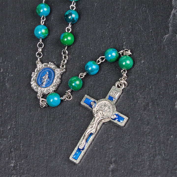 Christianartworkshop Miraculous Medal & Crucifix of 8 mm Round Green Blue Stone Alloy Chain Rosary