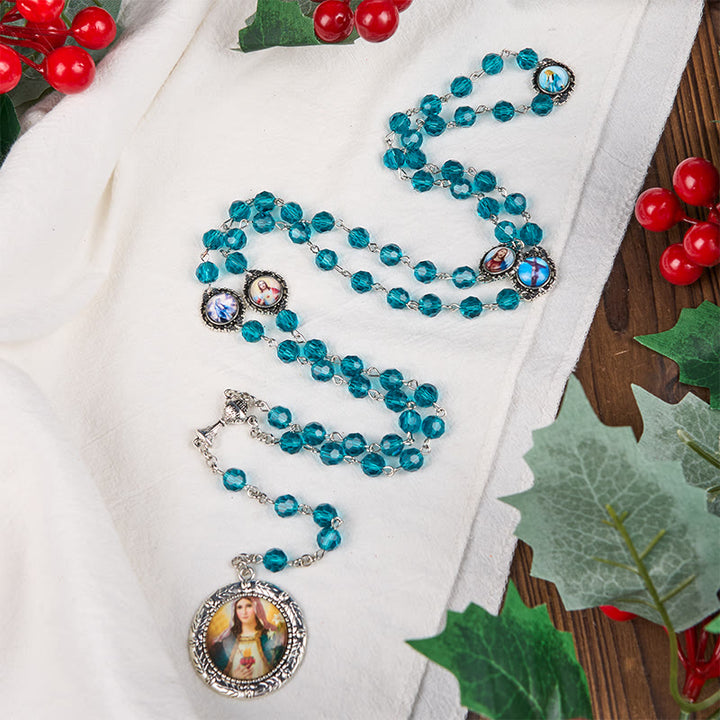 Christianartworkshop Sacred Heart of Jesus & Immaculate Heart of Mary of 8 mm Polyhedron Blue Glass Alloy Chain Rosary