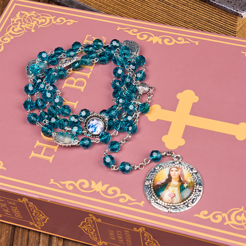 Christianartworkshop Sacred Heart of Jesus & Immaculate Heart of Mary of 8 mm Polyhedron Blue Glass Alloy Chain Rosary