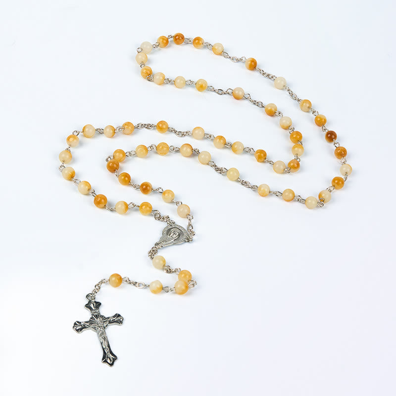 Christianartworkshop Virgin Mary & Crucifix of 8 mm Round Yellow Agate Alloy Chain Rosary