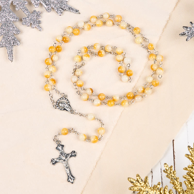 Christianartworkshop Virgin Mary & Crucifix of 8 mm Round Yellow Agate Alloy Chain Rosary