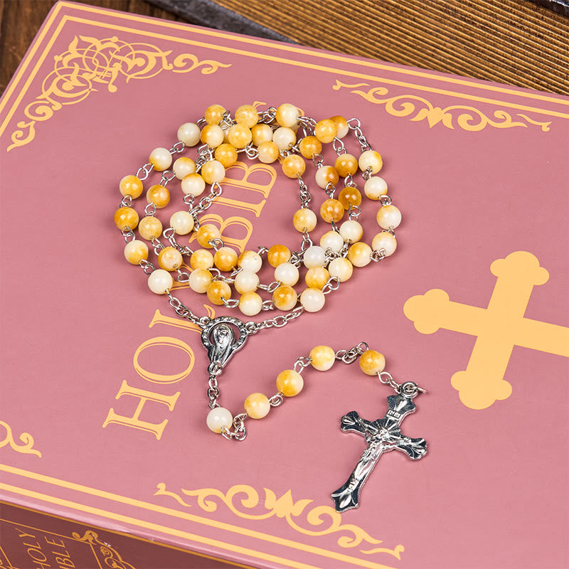 Christianartworkshop Virgin Mary & Crucifix of 8 mm Round Yellow Agate Alloy Chain Rosary