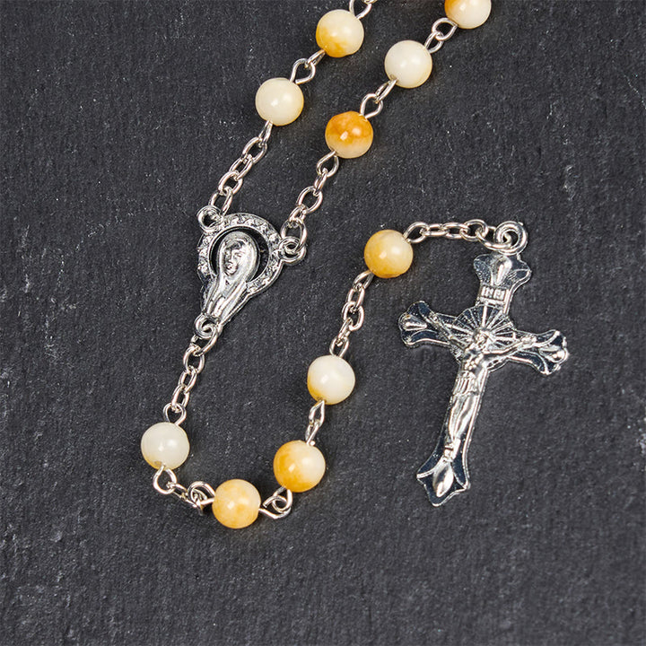 Christianartworkshop Virgin Mary & Crucifix of 8 mm Round Yellow Agate Alloy Chain Rosary