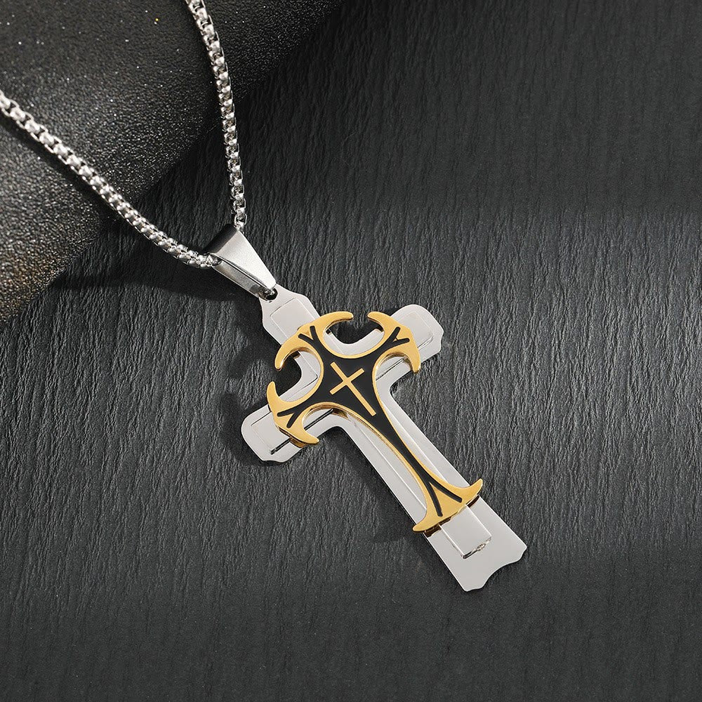 Christianartworkshop Modern Style Dual Layered Cross Pendant Necklace