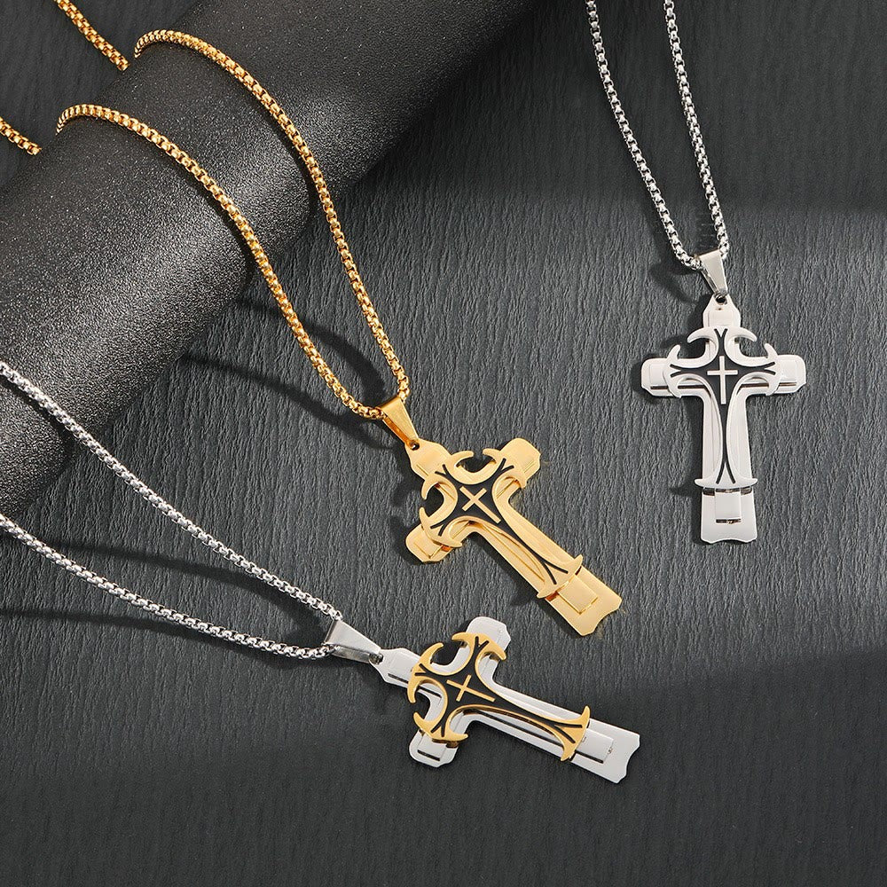 Christianartworkshop Modern Style Dual Layered Cross Pendant Necklace