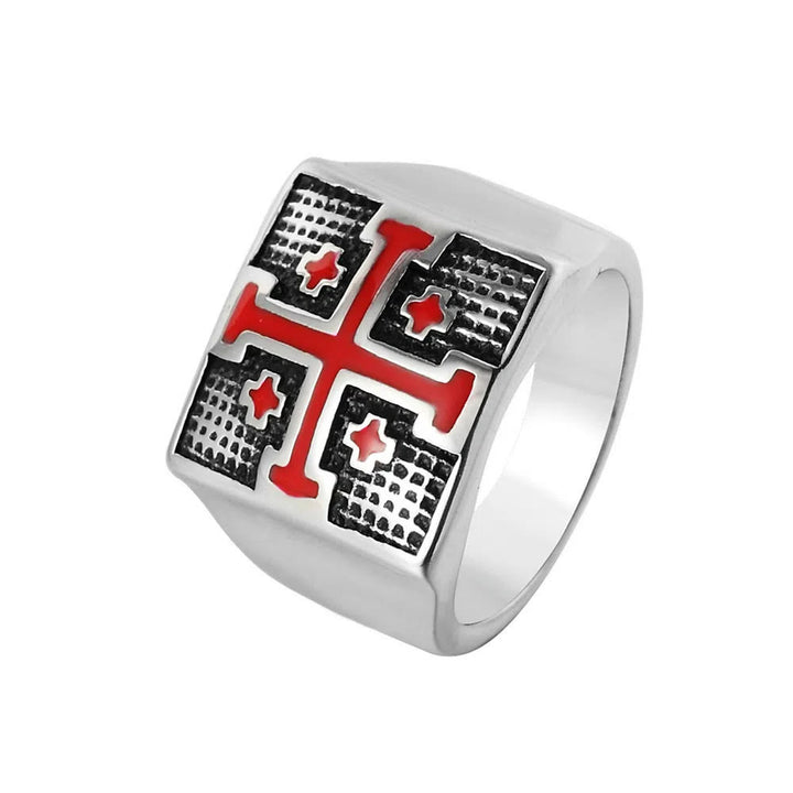 Christianartworkshop Modern Style Heraldic Knight's Signet Enamel Cross Ring