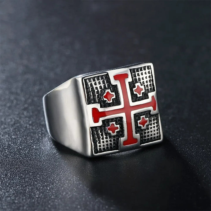 Christianartworkshop Modern Style Heraldic Knight's Signet Enamel Cross Ring