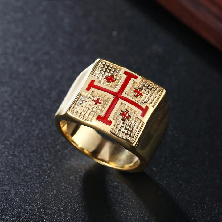 Christianartworkshop Modern Style Heraldic Knight's Signet Enamel Cross Ring