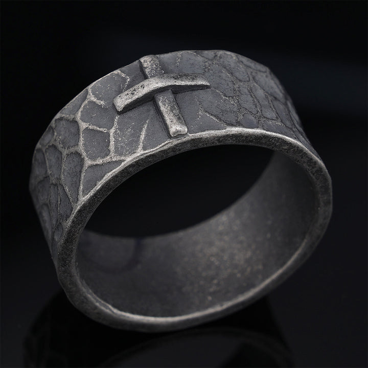 Christianartworkshop Vintage Style Ancient Texture Forged Stone Cross Ring