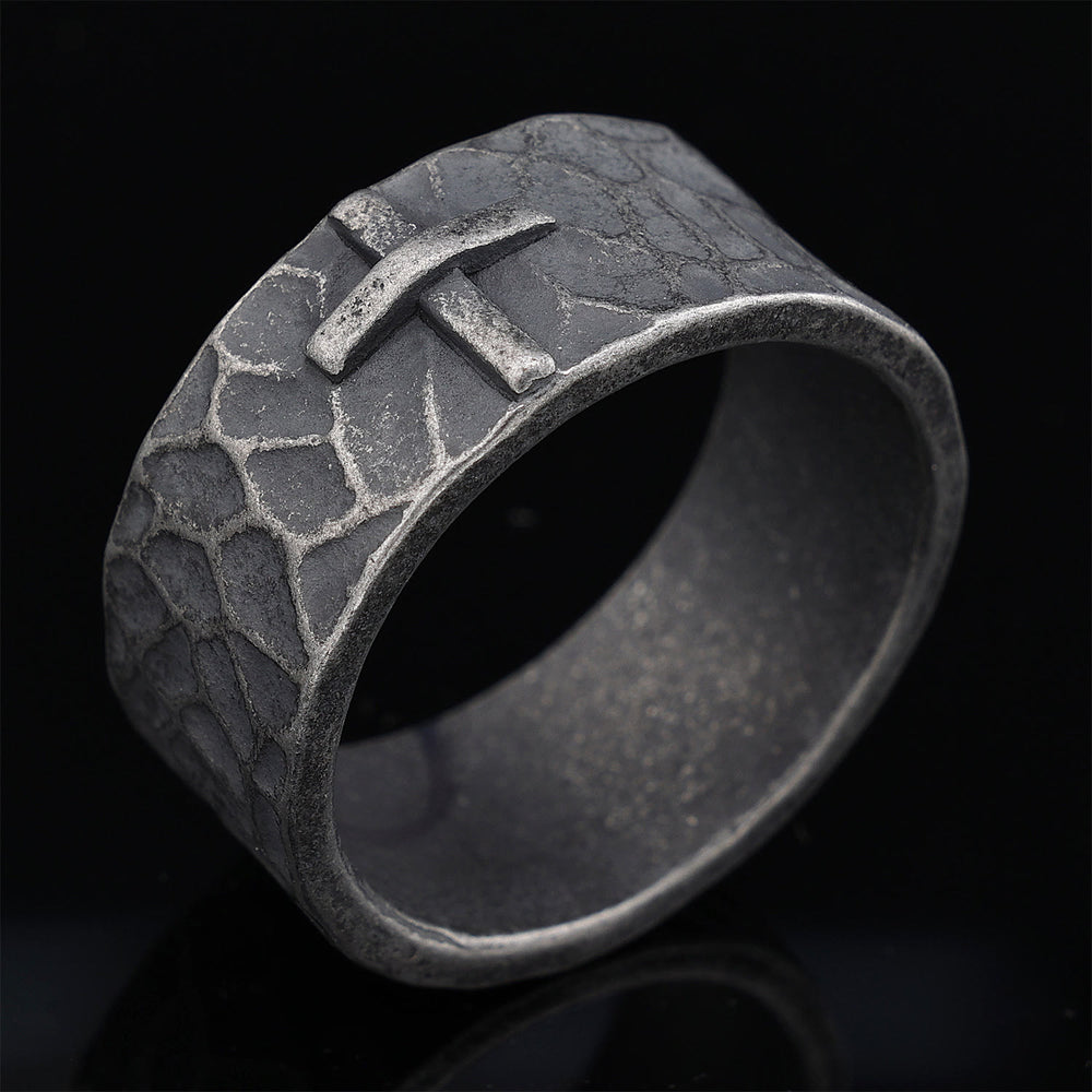 Christianartworkshop Vintage Style Ancient Texture Forged Stone Cross Ring - image 1