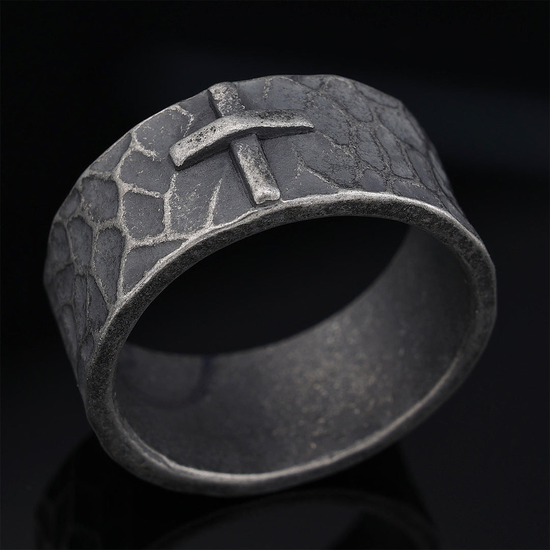 Christianartworkshop Vintage Style Ancient Texture Forged Stone Cross Ring - US 15 - image 0