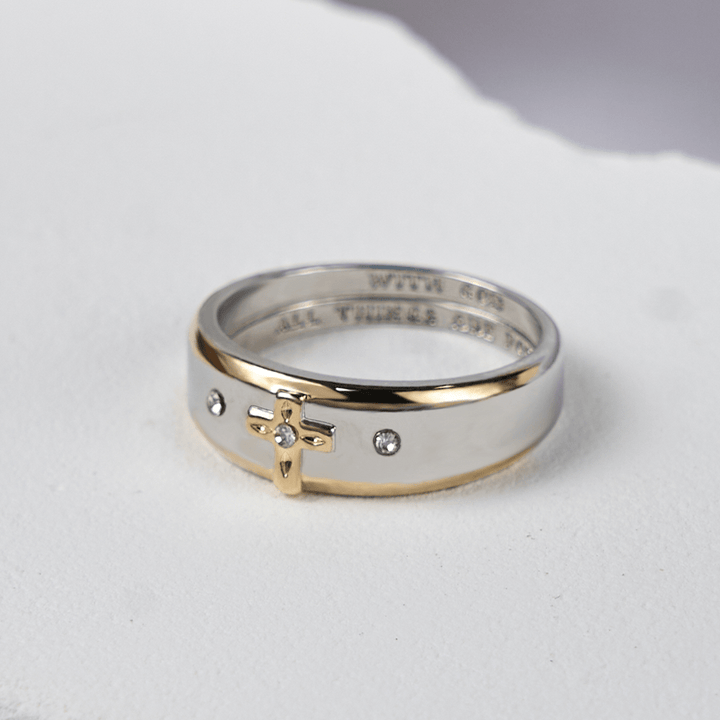 Christianartworkshop Modern Style Two-tone Gold Cross Alloy Ring(Made in Holy Land) - image 3