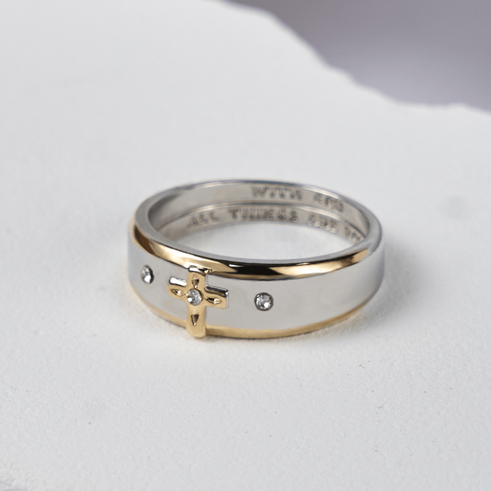 FREE Today: Modern Style Two-tone Gold Cross Alloy Ring-With God All Things Are Possible