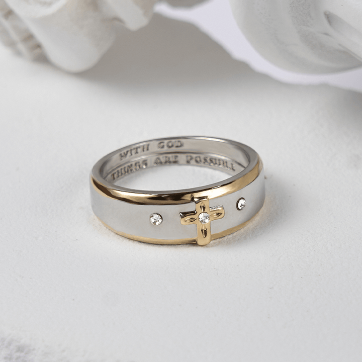 FREE Today: Modern Style Two-tone Gold Cross Alloy Ring-With God All Things Are Possible