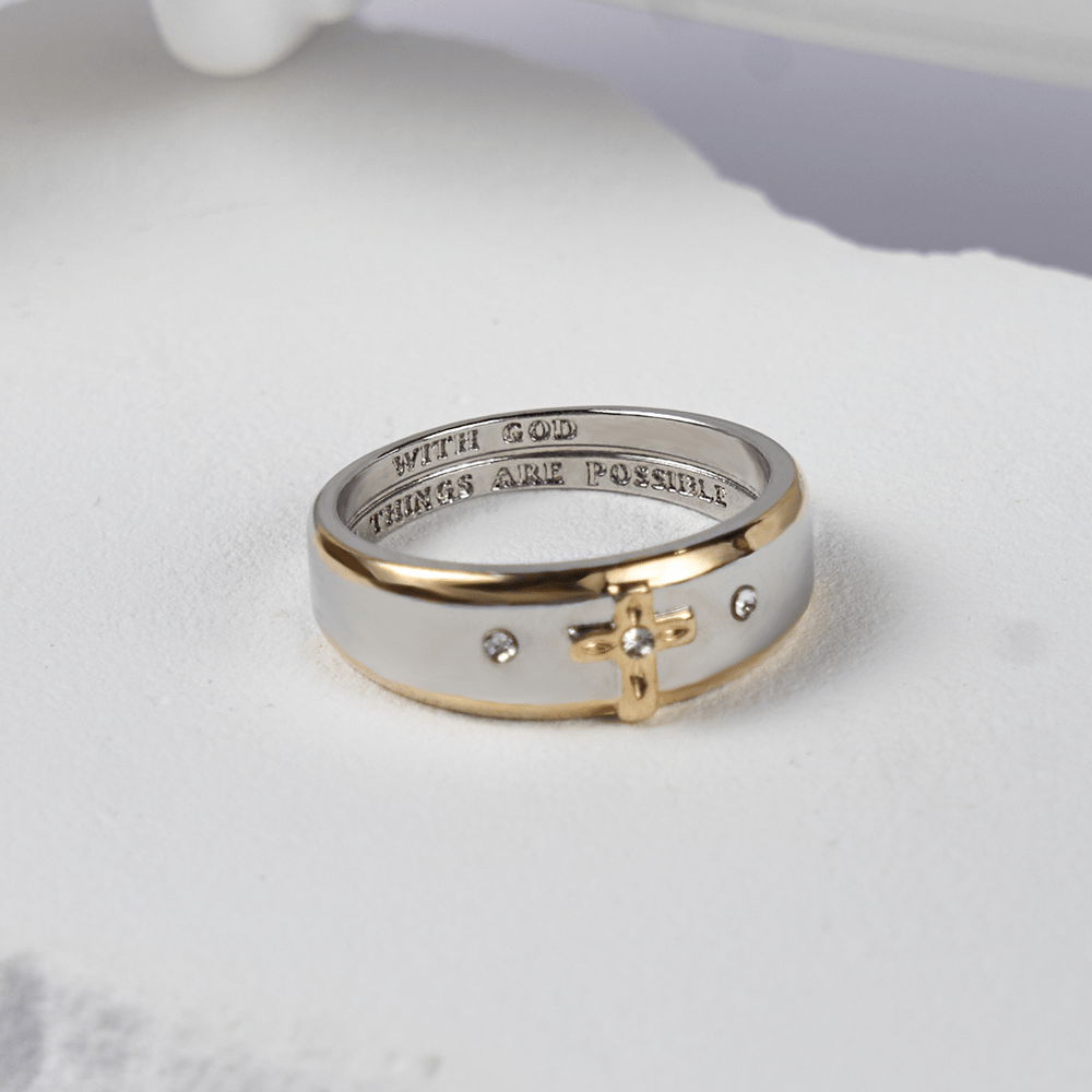 FREE Today: Modern Style Two-tone Gold Cross Alloy Ring-With God All Things Are Possible