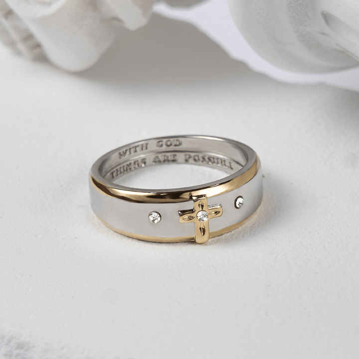 FREE Today: Modern Style Two-tone Gold Cross Alloy Ring-With God All Things Are Possible - US 13 - image 0