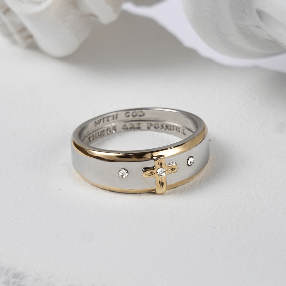 FREE Today: Modern Style Two-tone Gold Cross Alloy Ring-With God All Things Are Possible - US 13 - image 0