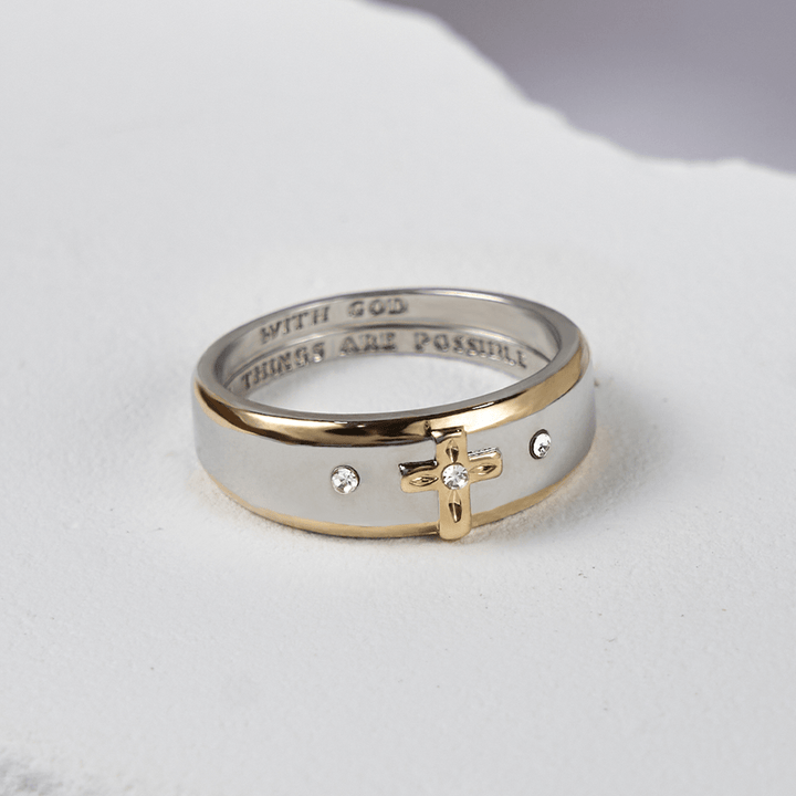 FREE Today: Modern Style Two-tone Gold Cross Alloy Ring-With God All Things Are Possible