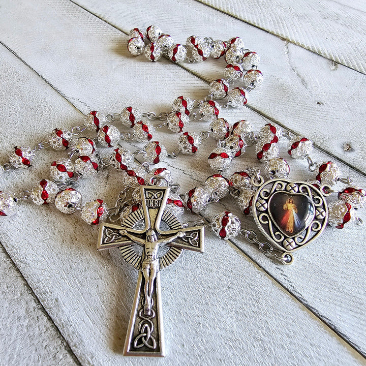 Christianartworkshop Divine Mercy & Crucifix of 8 mm Round Red Metal Alloy Chain Rosary