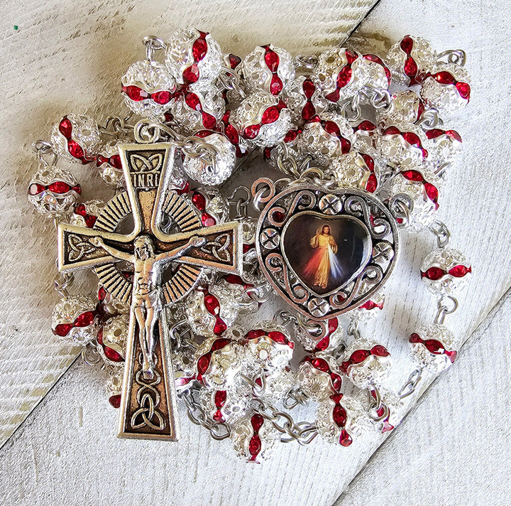 Christianartworkshop Divine Mercy & Crucifix of 8 mm Round Red Metal Alloy Chain Rosary