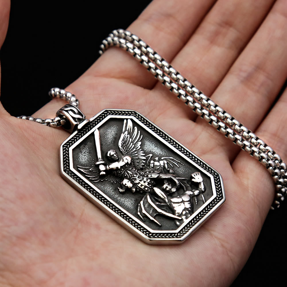 Christianartworkshop Retro Style Archangel St. Micheal Protect Us Crafted Stainless Steel Pendant Necklace