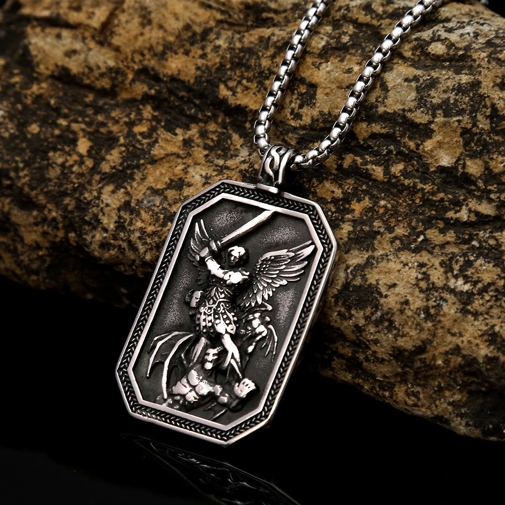 Christianartworkshop Retro Style Archangel St. Micheal Protect Us Crafted Stainless Steel Pendant Necklace