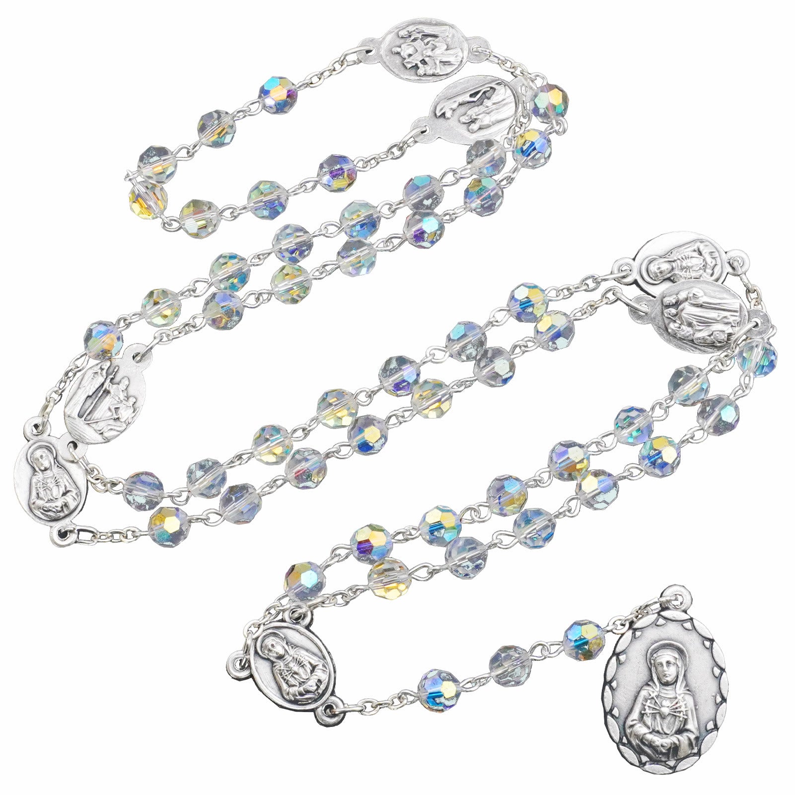 Virgin Mary 6mm Clear Crystal Polyhedron Rosary – Alloy Chain Five