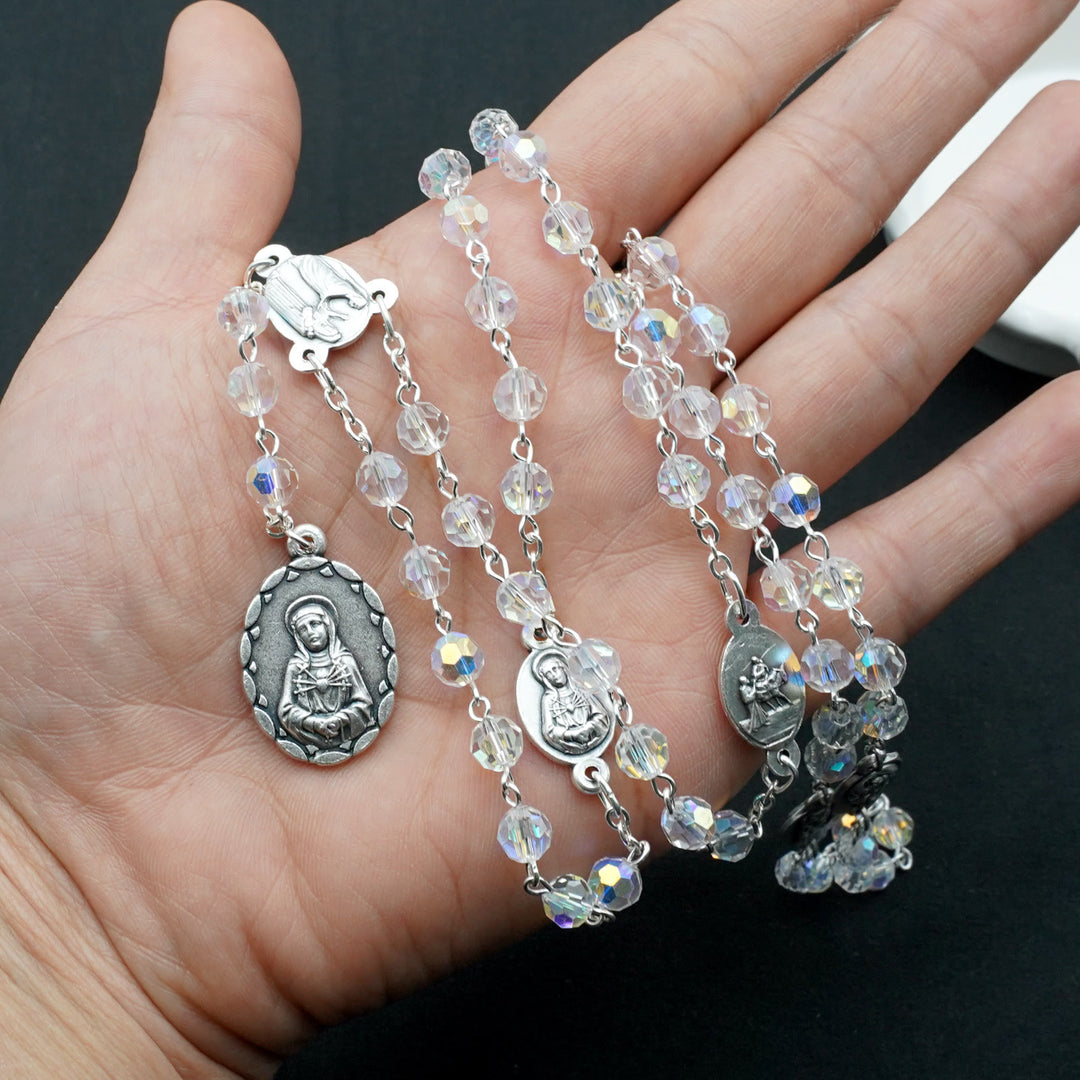 Christianartworkshop Virgin Mary of 6 mm Polyhedron Clear Crystal Alloy Chain Rosary