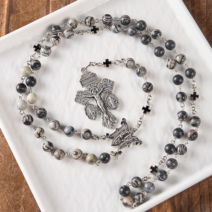 Christianartworkshop Miraculous Medal & Crucifix Of 8 Mm Round Camouflage Gray Natural Stone Alloy Chain Rosary