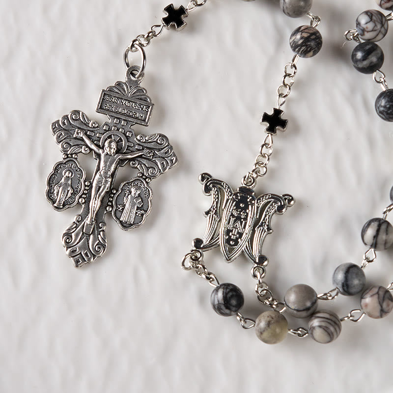 Christianartworkshop Miraculous Medal & Crucifix Of 8 Mm Round Camouflage Gray Natural Stone Alloy Chain Rosary