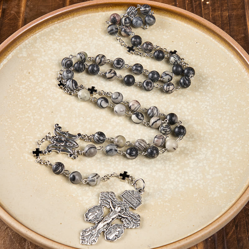 Christianartworkshop Miraculous Medal & Crucifix Of 8 Mm Round Camouflage Gray Natural Stone Alloy Chain Rosary