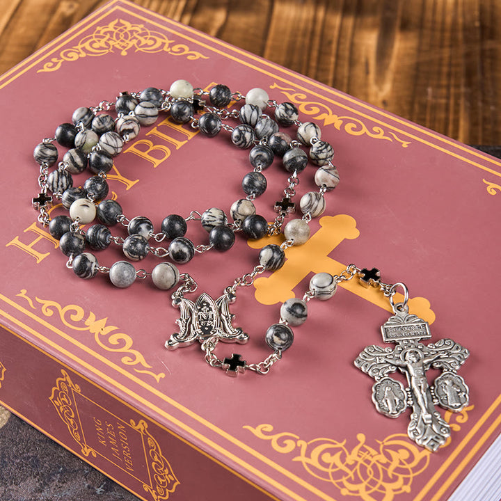 Christianartworkshop Miraculous Medal & Crucifix Of 8 Mm Round Camouflage Gray Natural Stone Alloy Chain Rosary