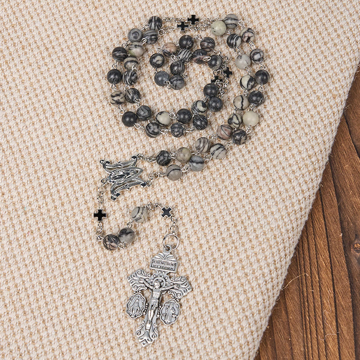 Christianartworkshop Miraculous Medal & Crucifix Of 8 Mm Round Camouflage Gray Natural Stone Alloy Chain Rosary