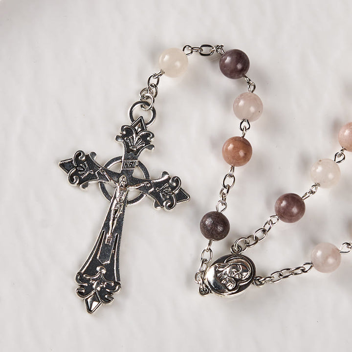 Christianartworkshop Madonna and Child & Crucifix of 8mm Round Multicolor Agate Alloy Chain Rosary