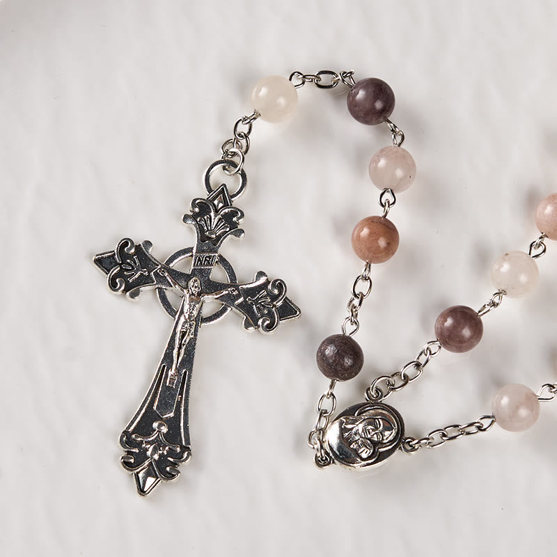 FREE Today: Madonna and Child & Crucifix of 8mm Round Multicolor Agate Alloy Chain Rosary