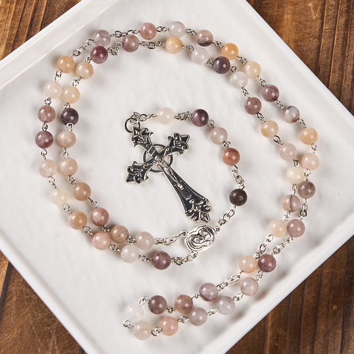 Christianartworkshop Madonna and Child & Crucifix of 8mm Round Multicolor Agate Alloy Chain Rosary