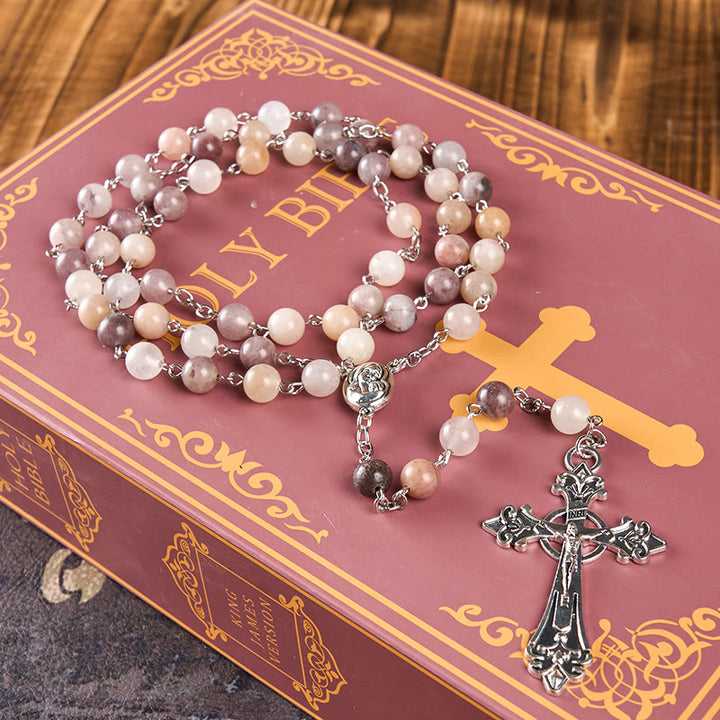 Christianartworkshop Madonna and Child & Crucifix of 8mm Round Multicolor Agate Alloy Chain Rosary