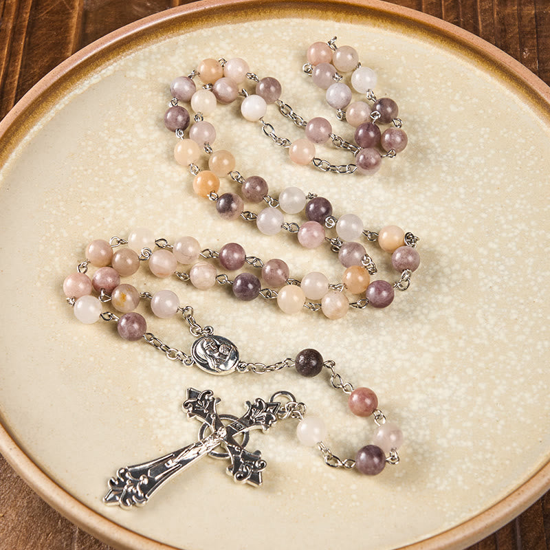 FREE Today: Madonna and Child & Crucifix of 8mm Round Multicolor Agate Alloy Chain Rosary