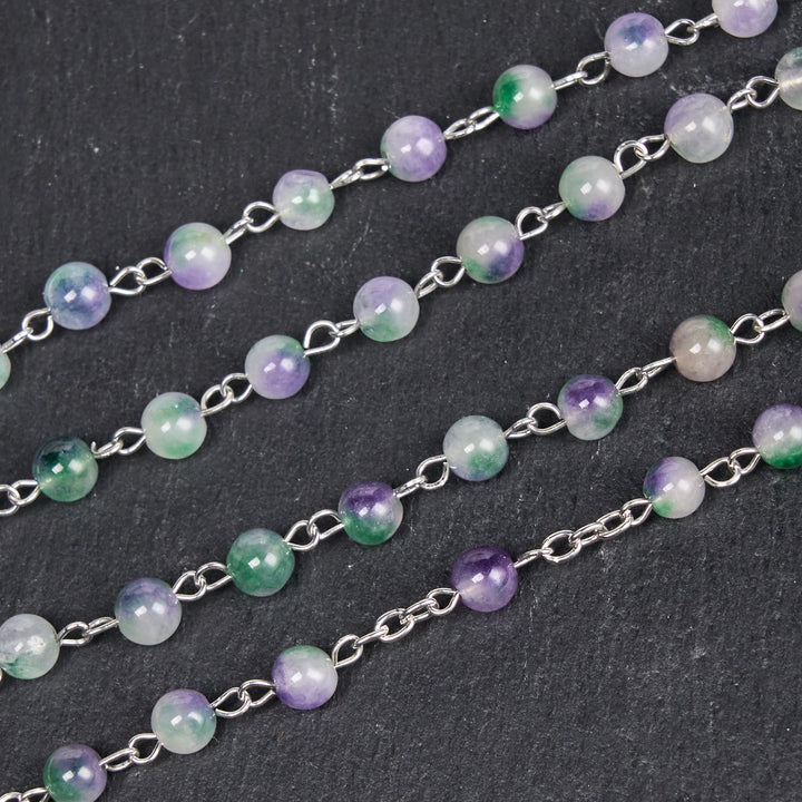 Christianartworkshop Virgin Mary & Crucifix of 6 mm Round Purple Green Agate Alloy Chain Rosary