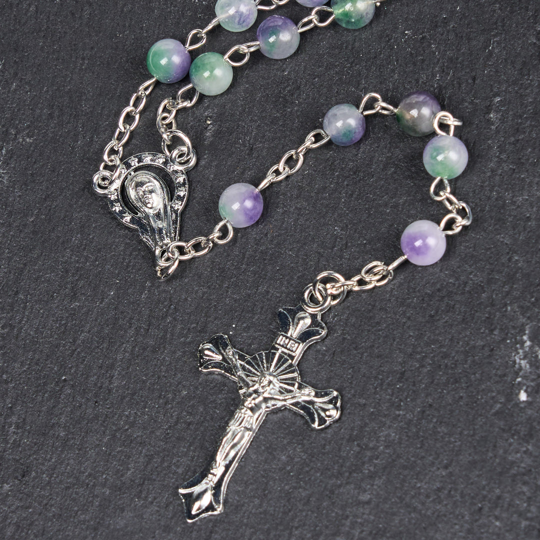 Christianartworkshop Virgin Mary & Crucifix of 6 mm Round Purple Green Agate Alloy Chain Rosary