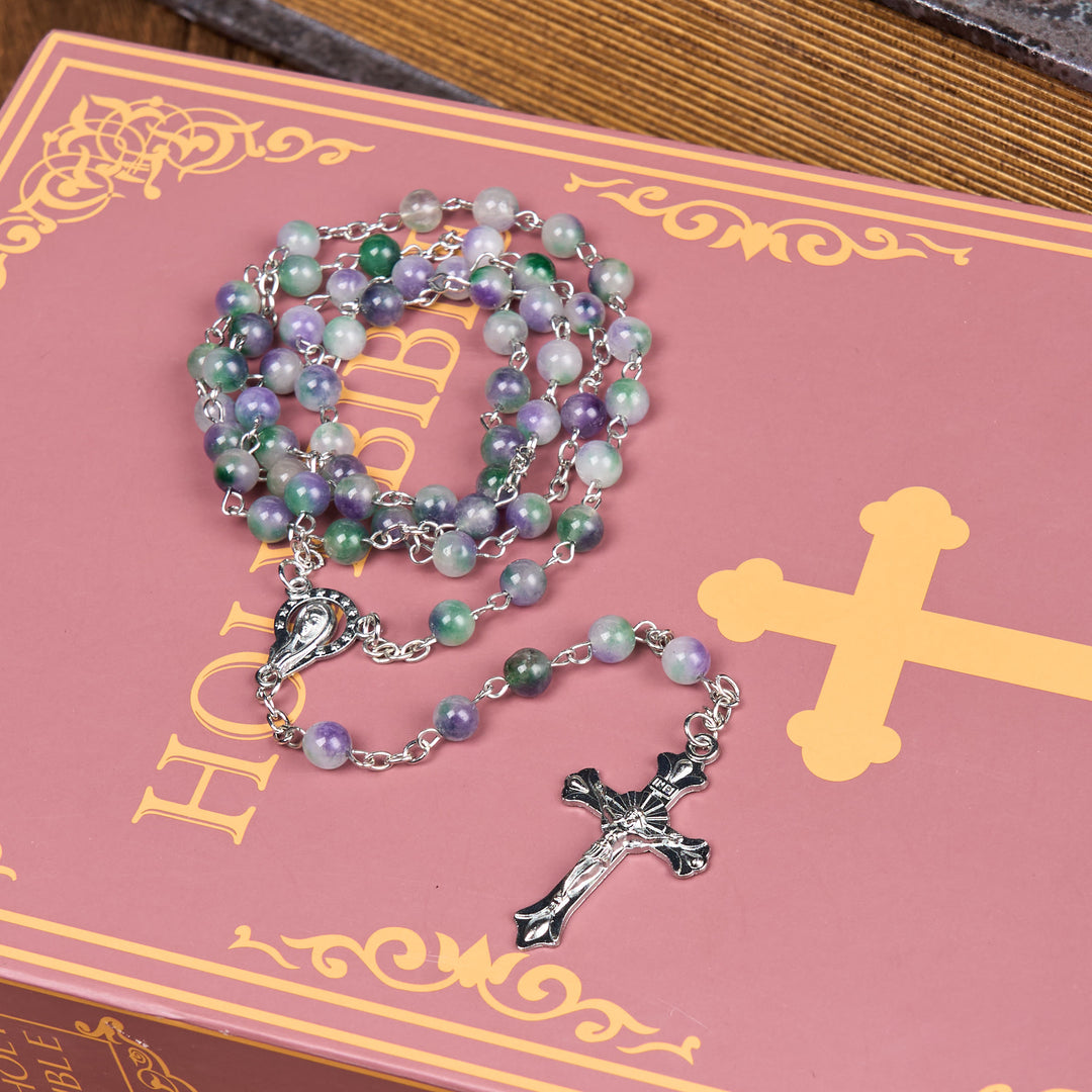 Christianartworkshop Virgin Mary & Crucifix of 6 mm Round Purple Green Agate Alloy Chain Rosary