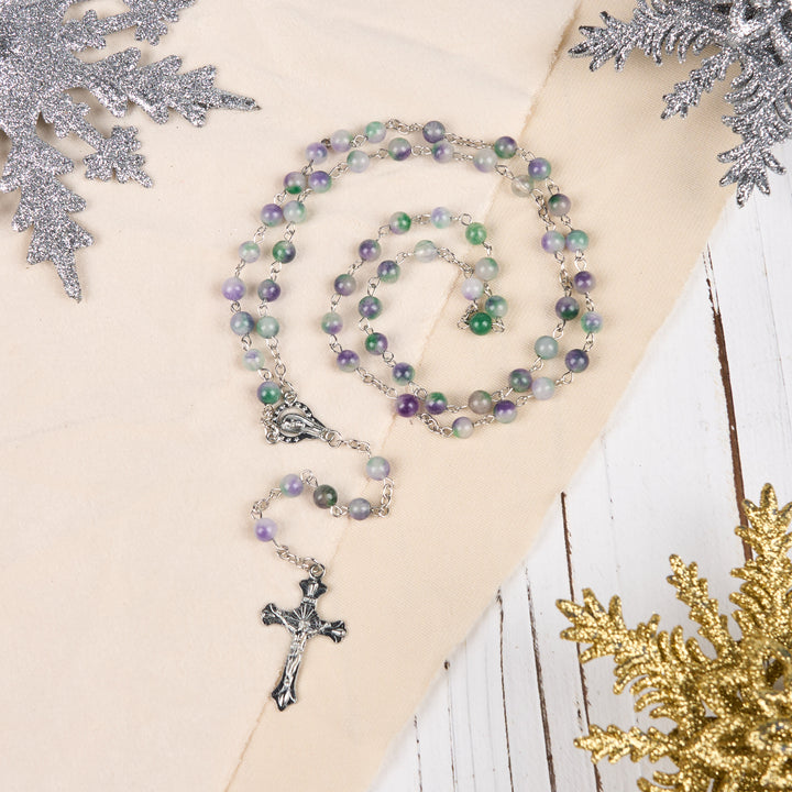 Christianartworkshop Virgin Mary & Crucifix of 6 mm Round Purple Green Agate Alloy Chain Rosary