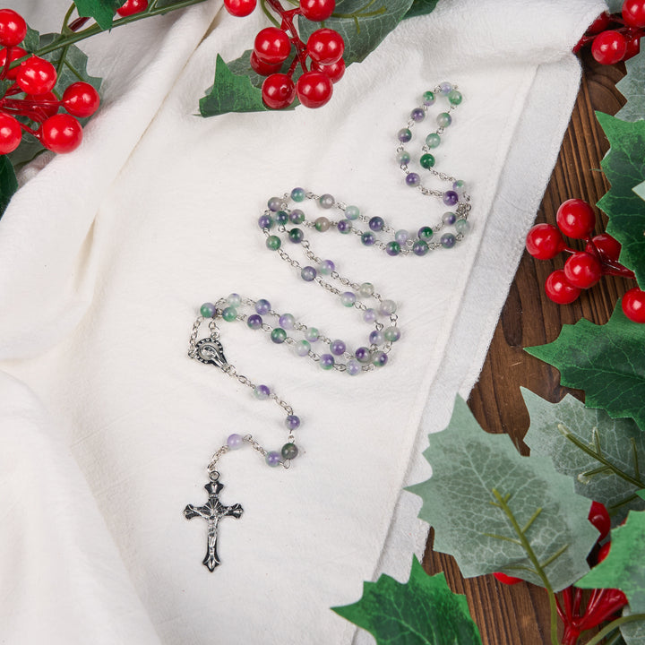 Christianartworkshop Virgin Mary & Crucifix of 6 mm Round Purple Green Agate Alloy Chain Rosary