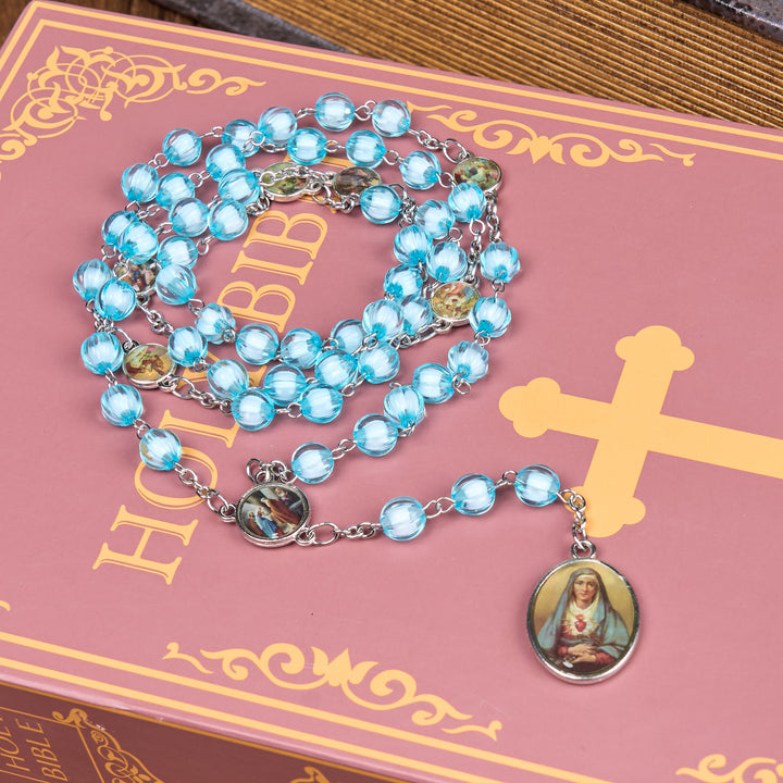 Christianartworkshop Seven Sorrow of 8 mm Round Blue Acrylic Alloy Chain Rosary